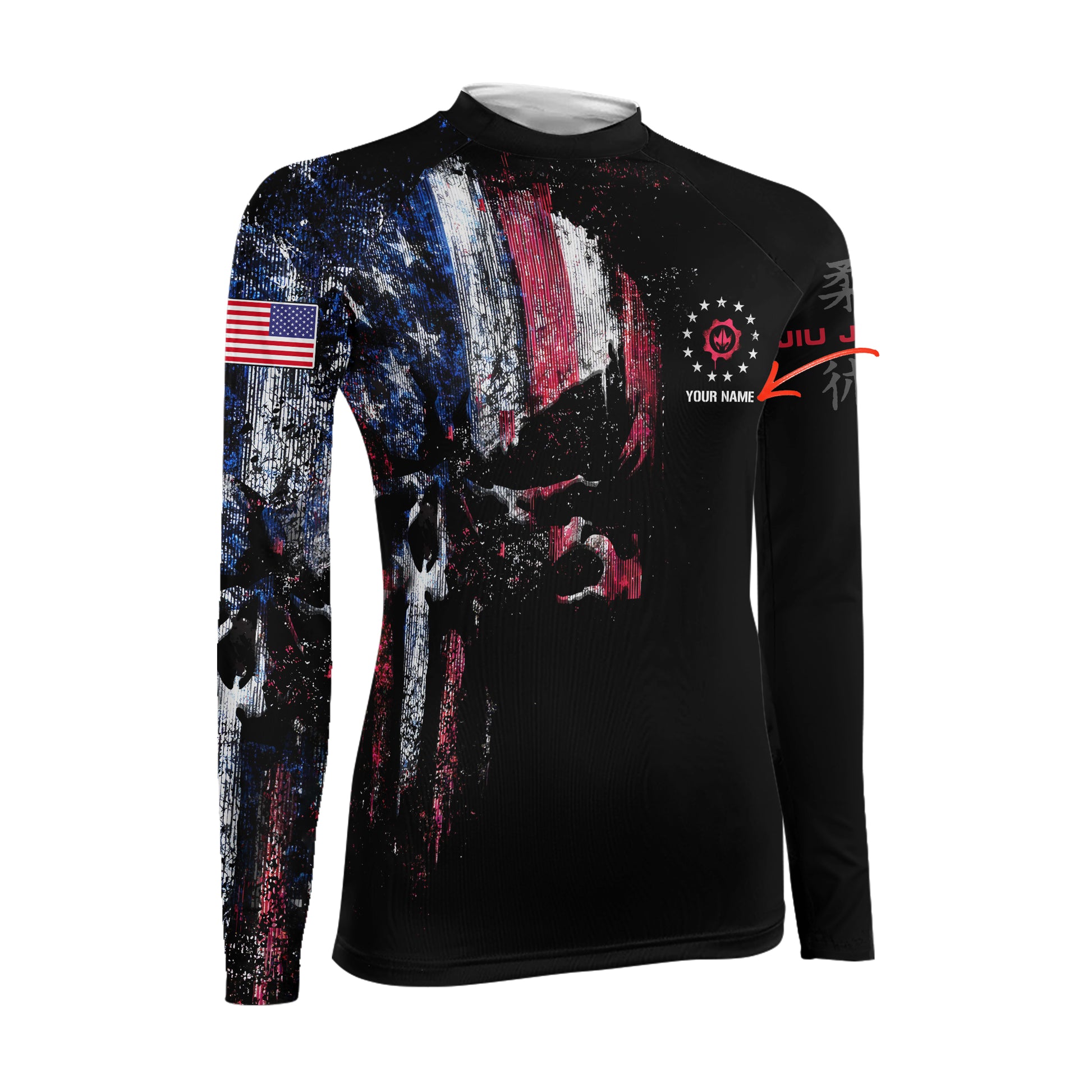 Personalized American Jiu Jitsu Skull Grunge Women's Long Sleeve Rash Guard