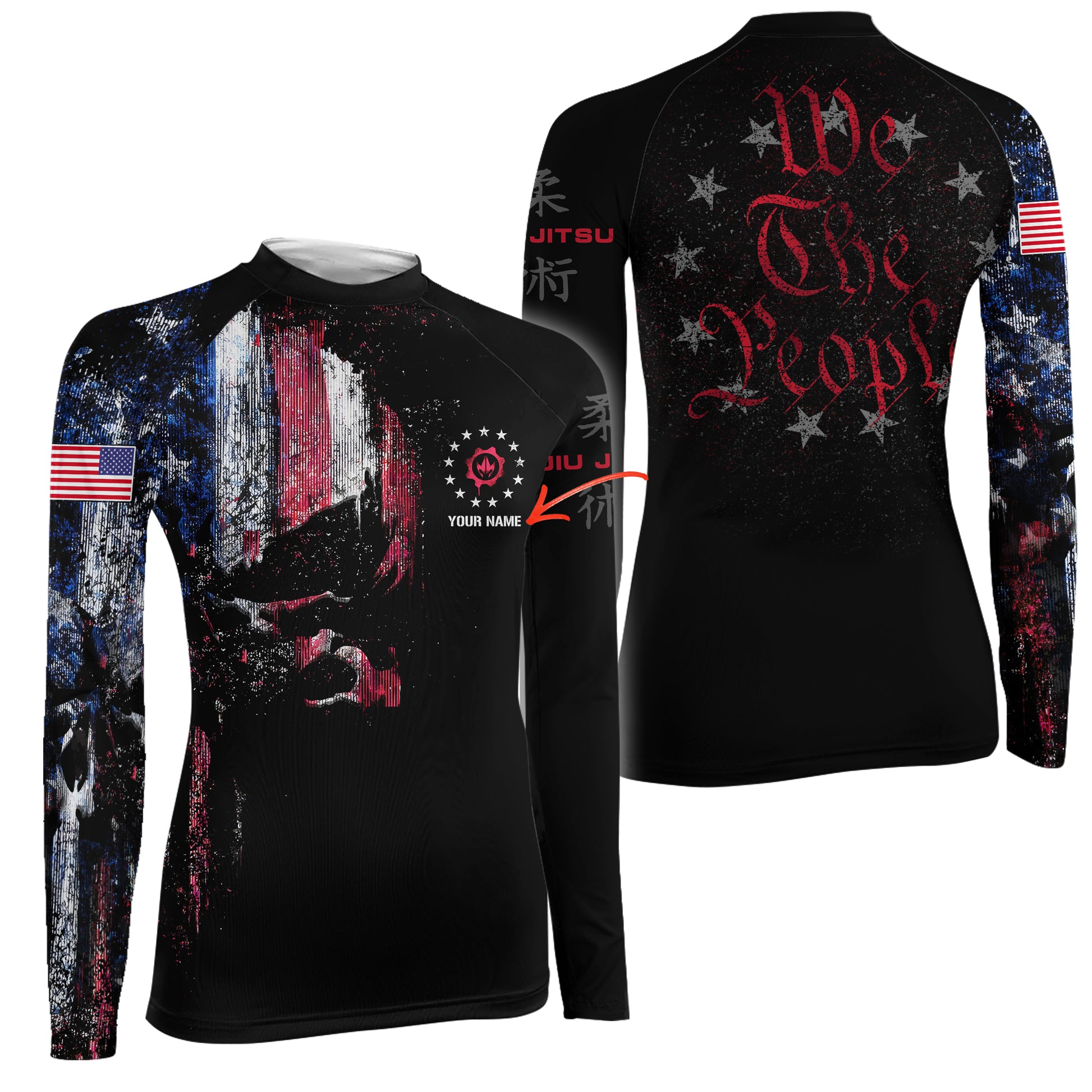 Personalized American Jiu Jitsu Skull Grunge Women's Long Sleeve Rash Guard