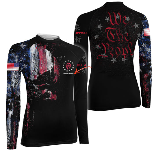 Personalized American Jiu Jitsu Skull Grunge Women's Long Sleeve Rash Guard