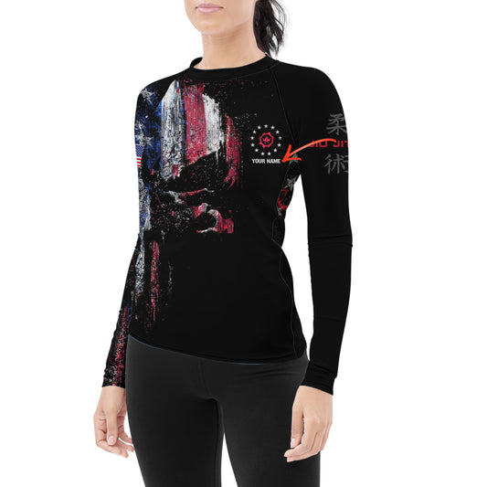 Personalized American Jiu Jitsu Skull Grunge Women's Long Sleeve Rash Guard