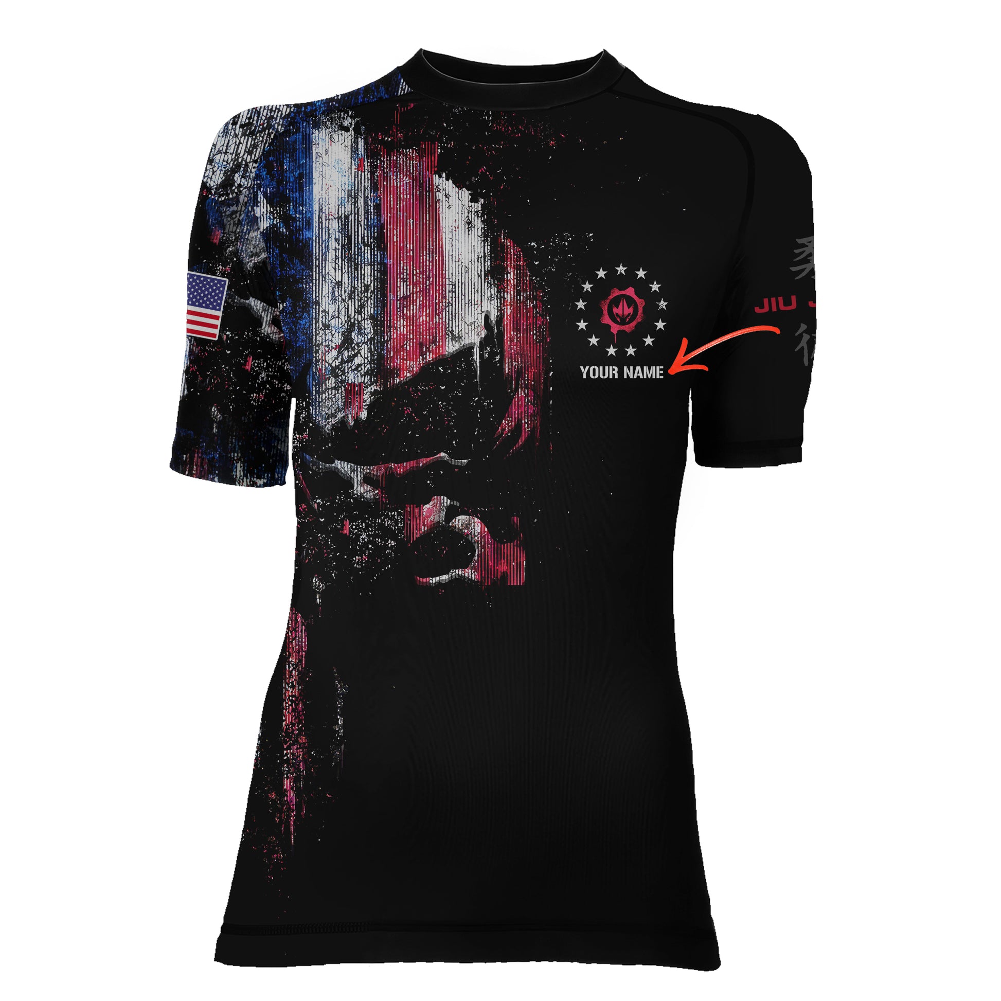Personalized American Jiu Jitsu Skull Grunge Women's Short Sleeve Rash Guard