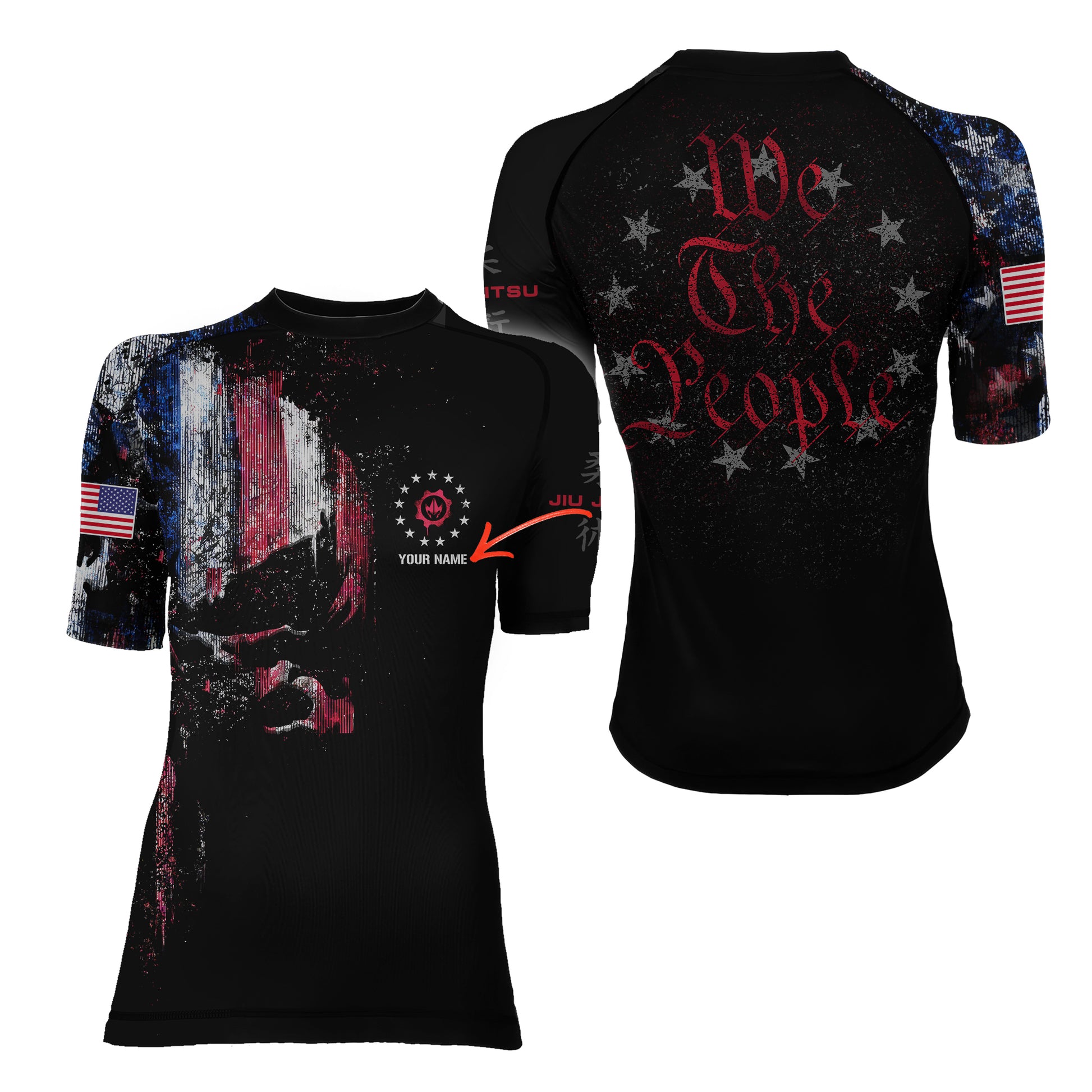 Personalized American Jiu Jitsu Skull Grunge Women's Short Sleeve Rash Guard