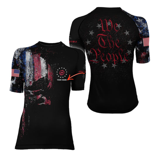 Personalized American Jiu Jitsu Skull Grunge Women's Short Sleeve Rash Guard