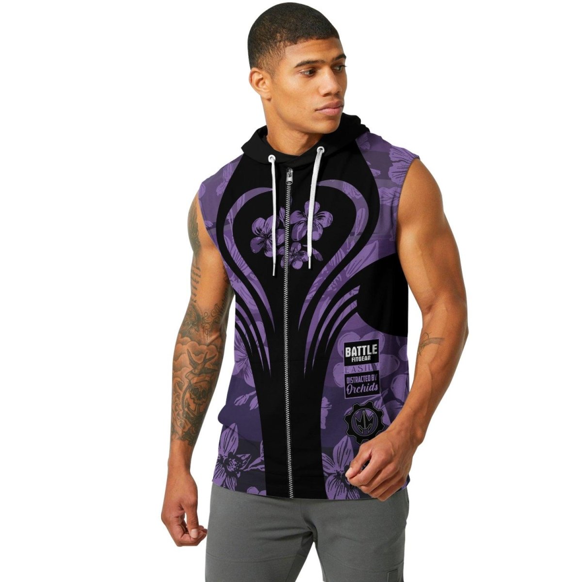 Orchid Series Floral Violet Heart Pattern Sleeveless Pullover & Zip Hoodie - BattleFitGear