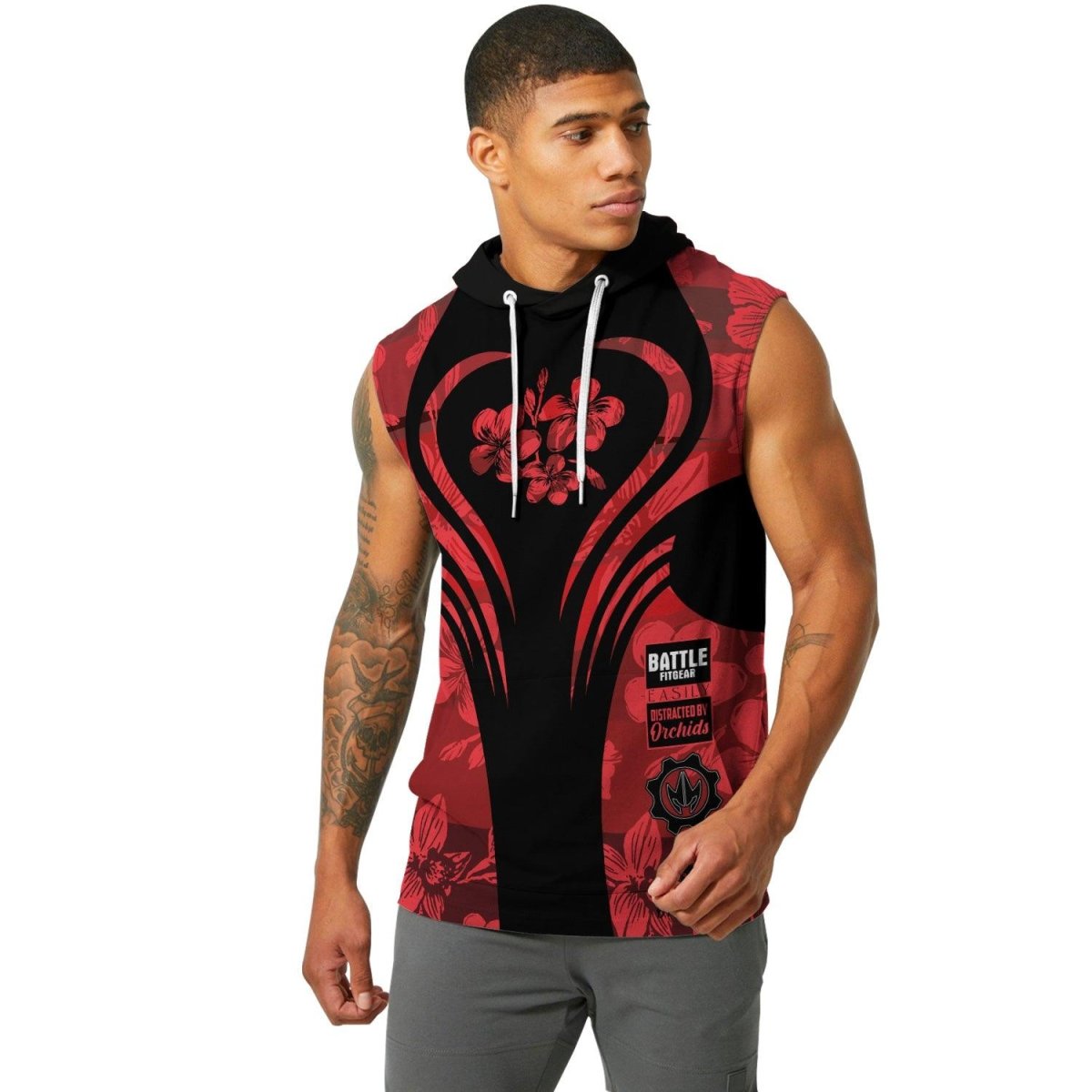 Orchid Series Floral Red Heart Pattern Sleeveless Pullover & Zip Hoodie - BattleFitGear