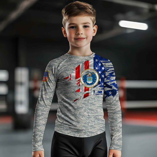 US Air Force American Flag Camo Kids Rash Guard