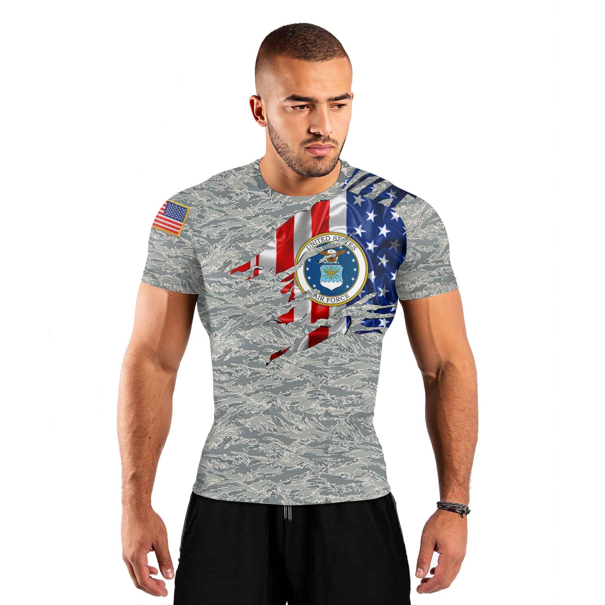 US Air Force American Flag Camo Men's Short Sleeve Rash Guard