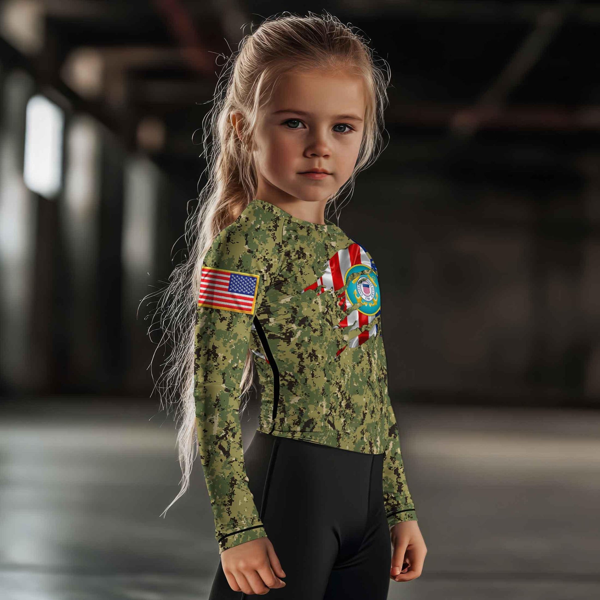 US Coast Guard American Flag Camo Kids Rash Guard
