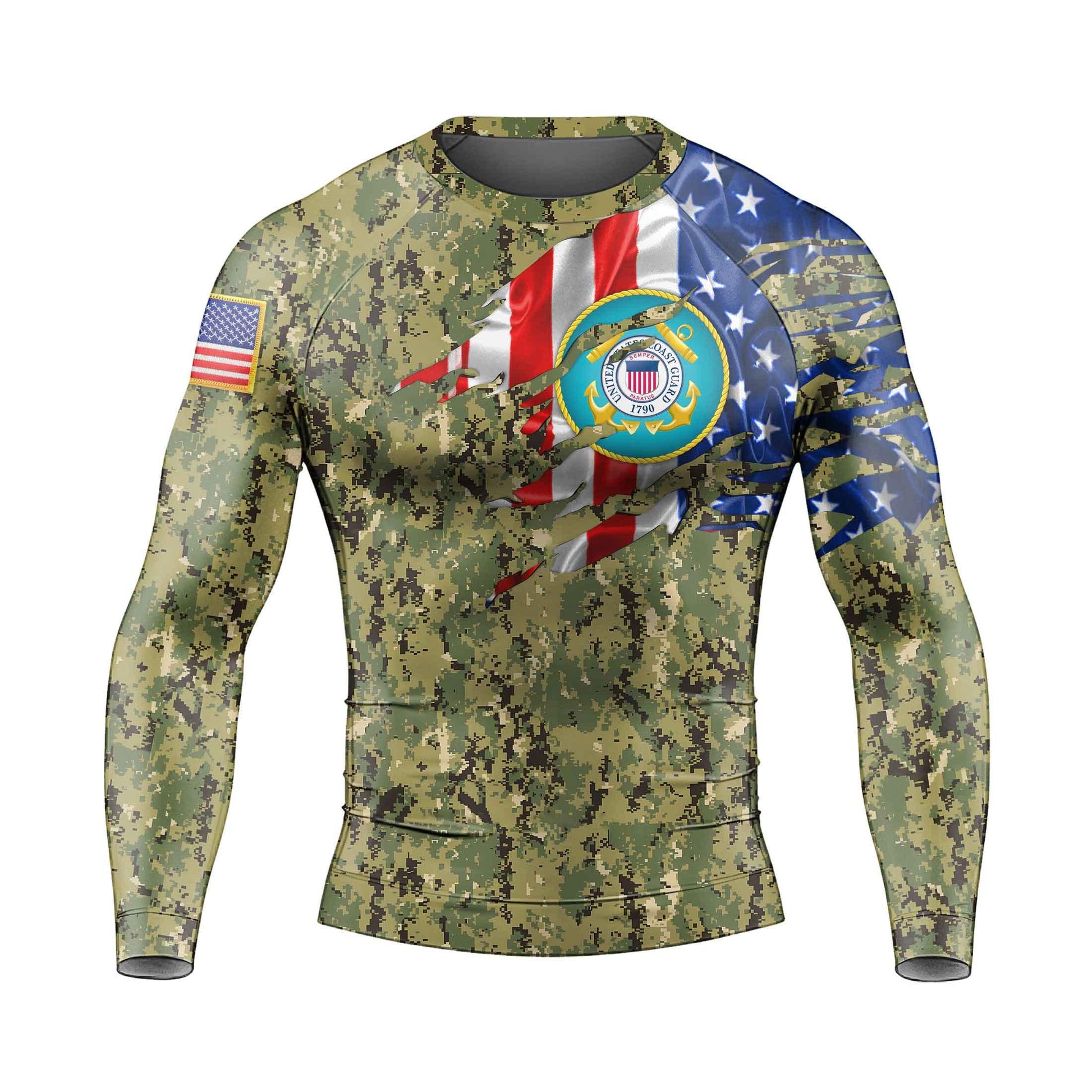US Coast Guard American Flag Camo Men's Long Sleeve Rash Guard