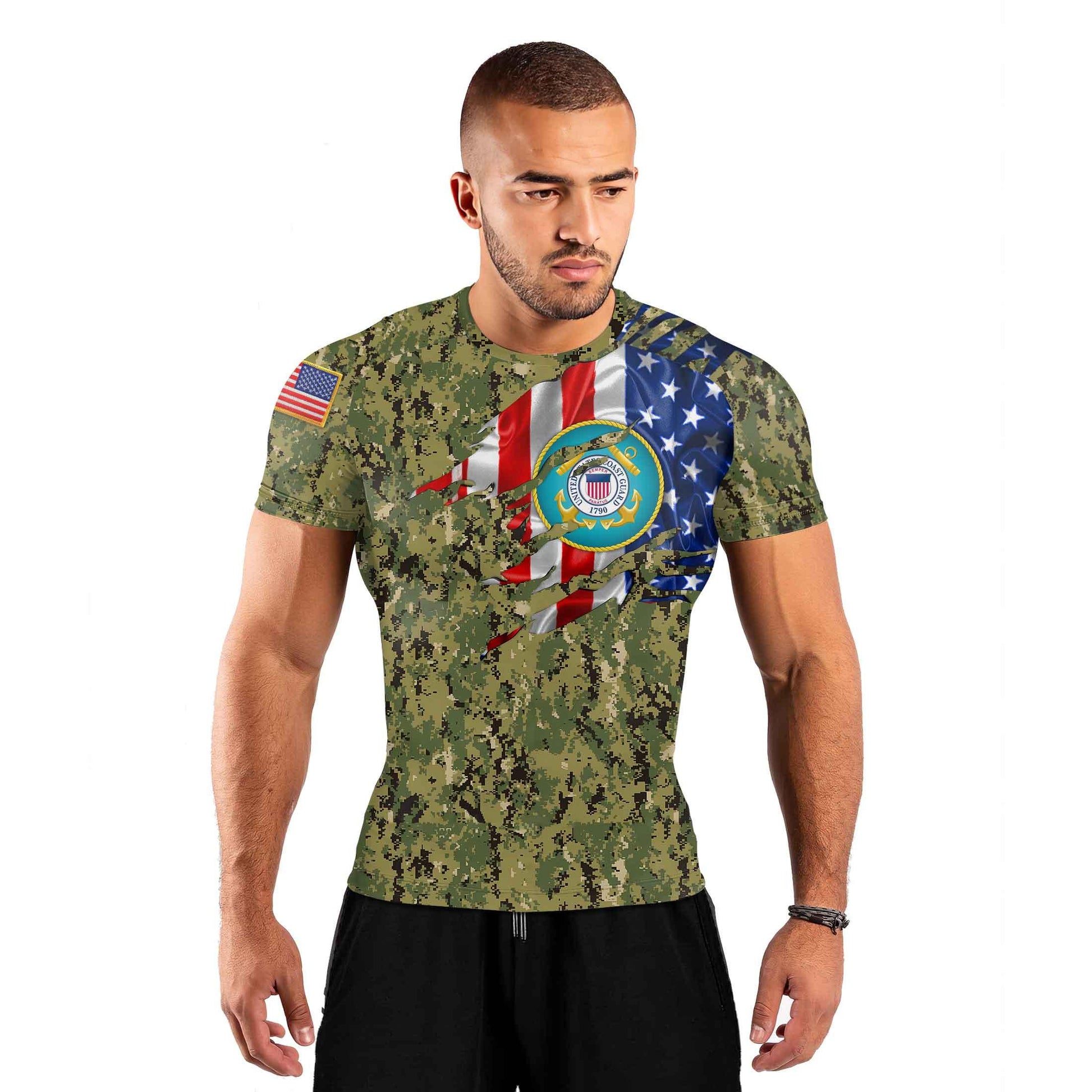 US Coast Guard American Flag Camo Men's Short Sleeve Rash Guard