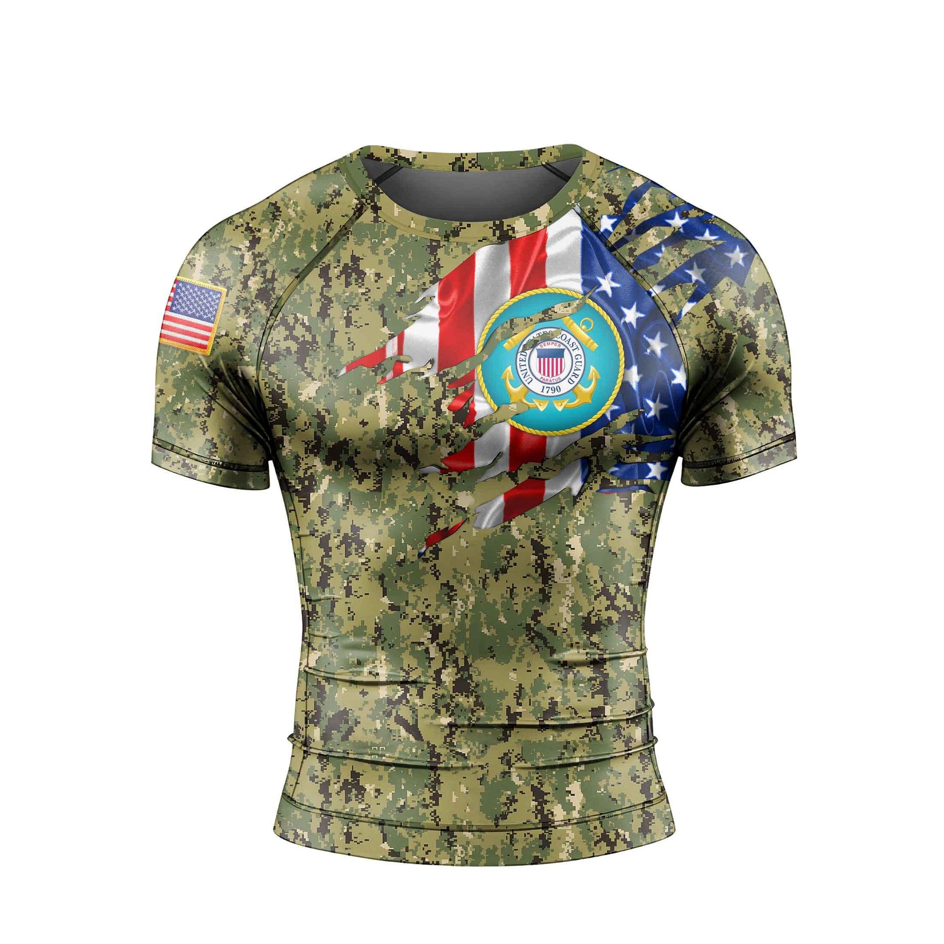 US Coast Guard American Flag Camo Men's Short Sleeve Rash Guard