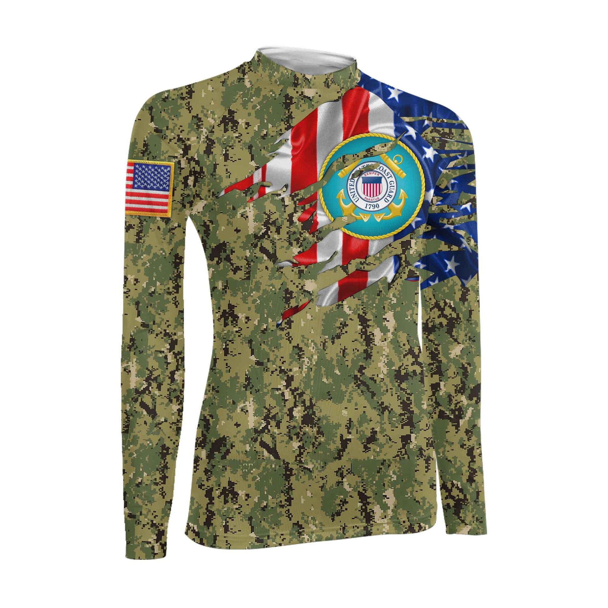US Coast Guard American Flag Camo Women's Long Sleeve Rash Guard