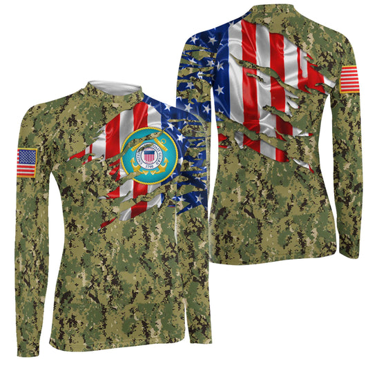 US Coast Guard American Flag Camo Women's Long Sleeve Rash Guard