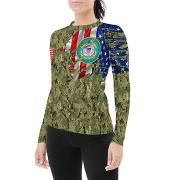 US Coast Guard American Flag Camo Women's Long Sleeve Rash Guard