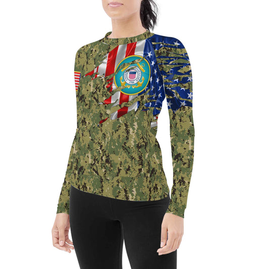 US Coast Guard American Flag Camo Women's Long Sleeve Rash Guard