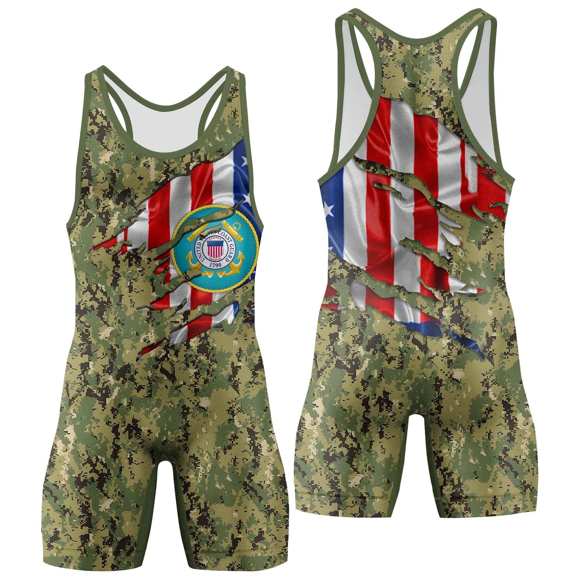US Coast Guard American Flag Camo Wrestling Singlets