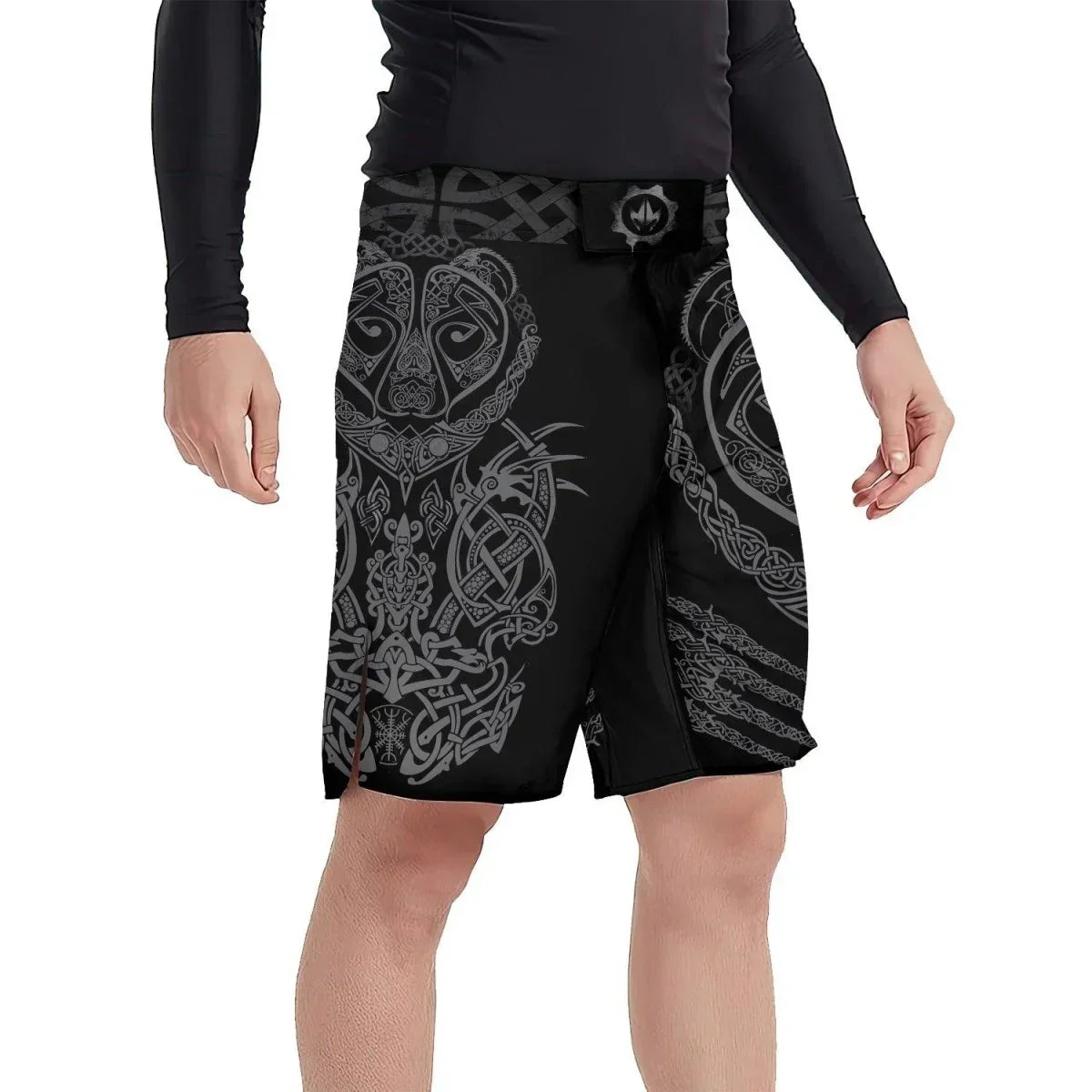 Men's black MMA shorts with intricate gray Celtic knotwork and tribal bear design