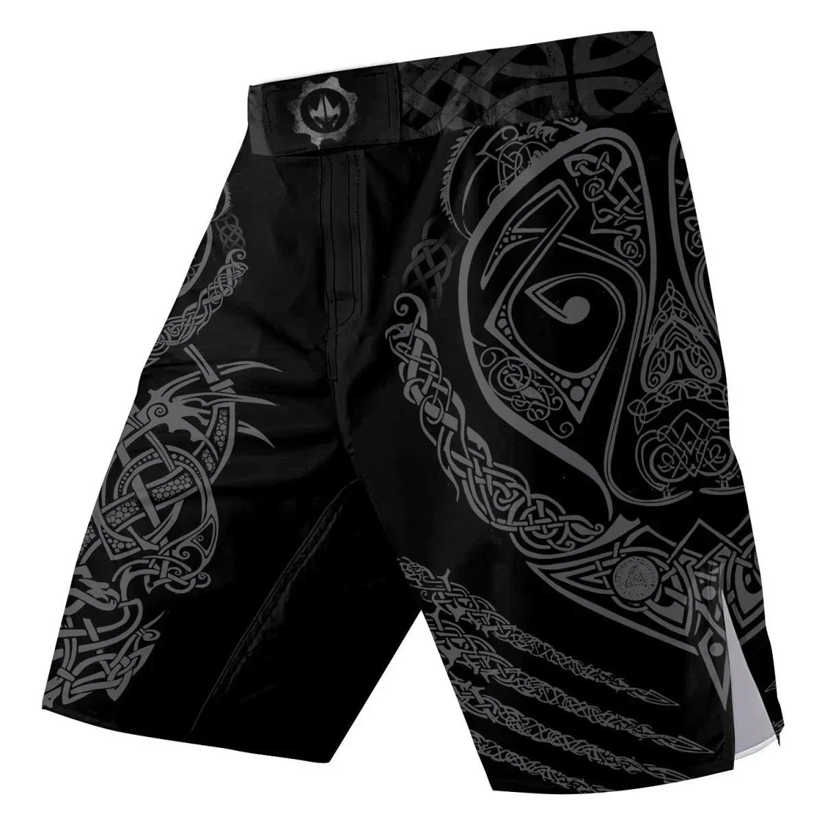 Black fight shorts with intricate Viking dragon and knotwork tribal designs in gray