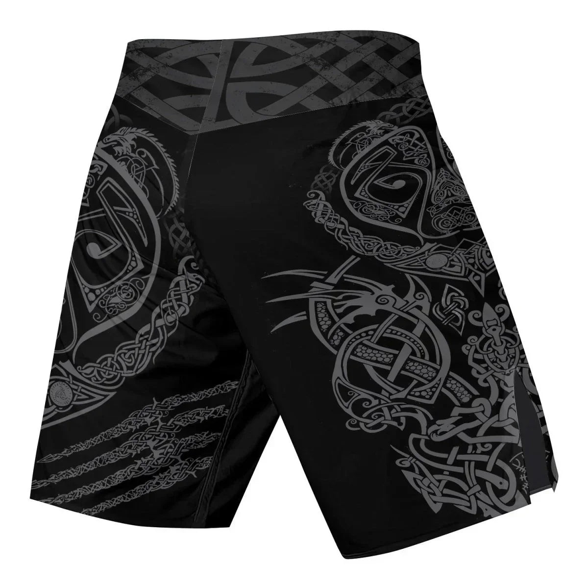 Black MMA shorts with intricate gray Viking and Celtic knot patterns featuring dragons and tribal designs
