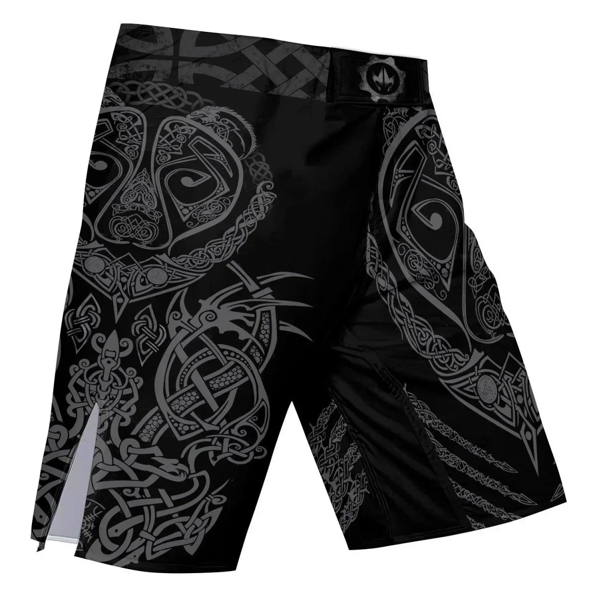 Black shorts with intricate gray Celtic knot and tribal bear patterns, side slits, and logo patch waistband