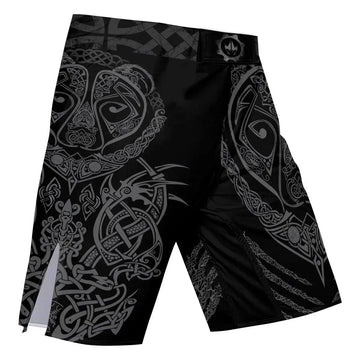 Black shorts with intricate gray Celtic knot and tribal bear patterns, side slits, and logo patch waistband