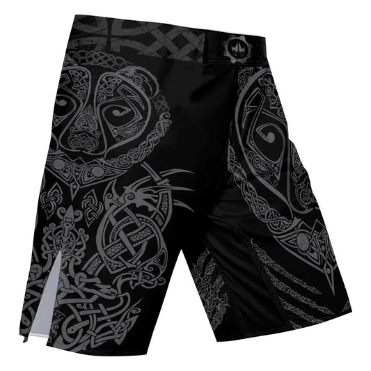 Black shorts with intricate gray Celtic knot and tribal bear patterns, side slits, and logo patch waistband