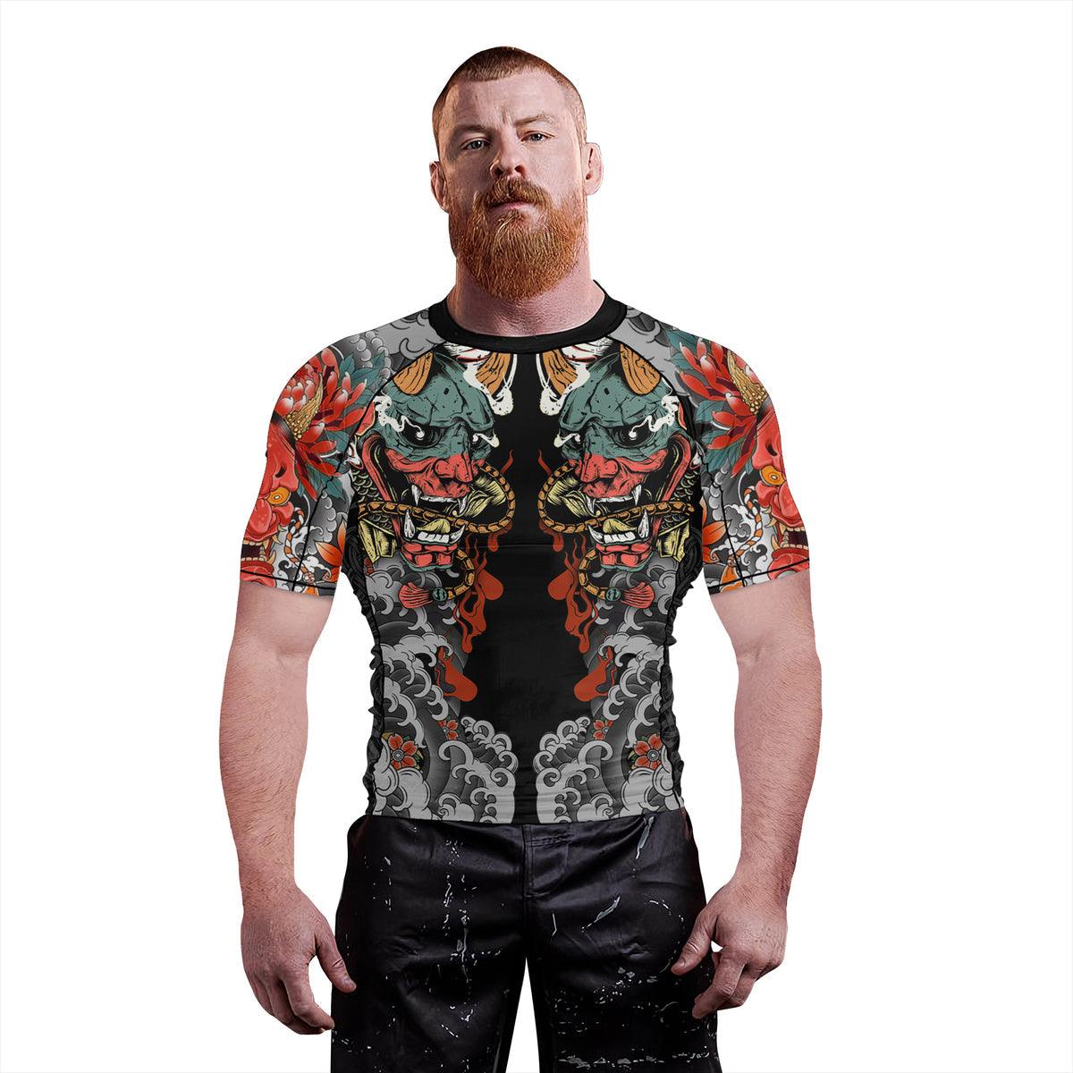 Battlefitgear Samurai & Flowers Men's Short Sleeve Rash Guard - BattleFitGear